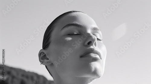 Close up portrait of a thoughtful serene looking woman with a pensive introspective expression on her face captured in dramatic black and white for a minimalist fashion forward aesthetic