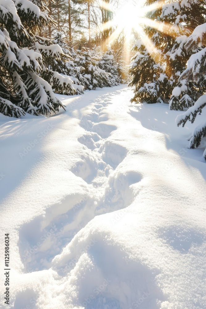 Snow-covered path through a forest with sunlight shining. Snow-covered path through a forest with sunlight shining.