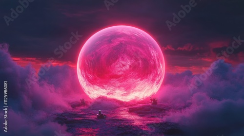 Crimson Planet Rising Over a Purple Sea