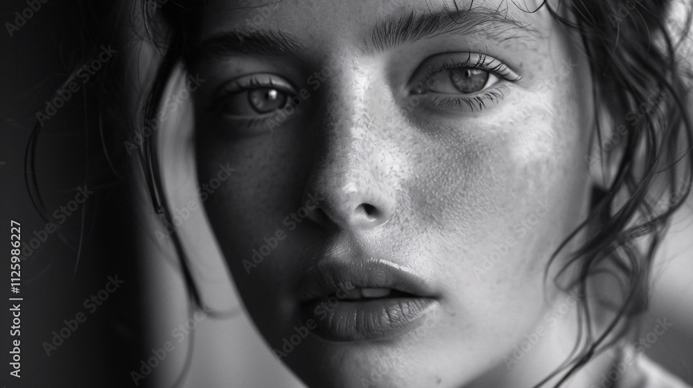 Striking black and white portrait of a thoughtful introspective woman with a captivating moody gaze Striking black and white portrait of a thoughtful introspective woman with a captivating moody gaze
