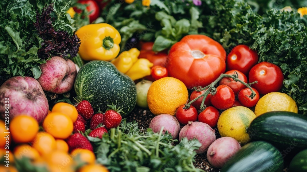 Vibrant assortment of fresh fruits & vegetables. Perfect for healthy eating, farm-to-table concepts. Vibrant assortment of fresh fruits & vegetables. Perfect for healthy eating, farm-to-table concepts.