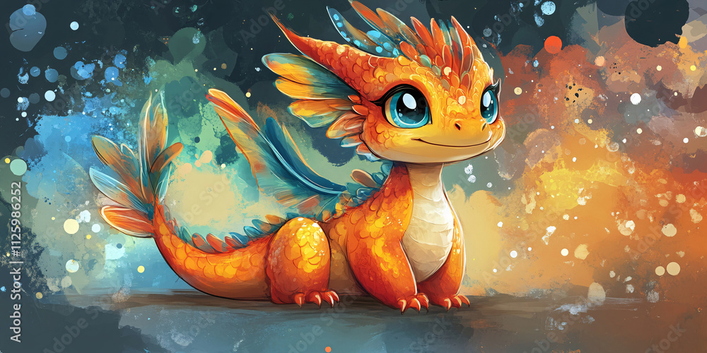 Cute orange dragon digital painting. Fantasy art.