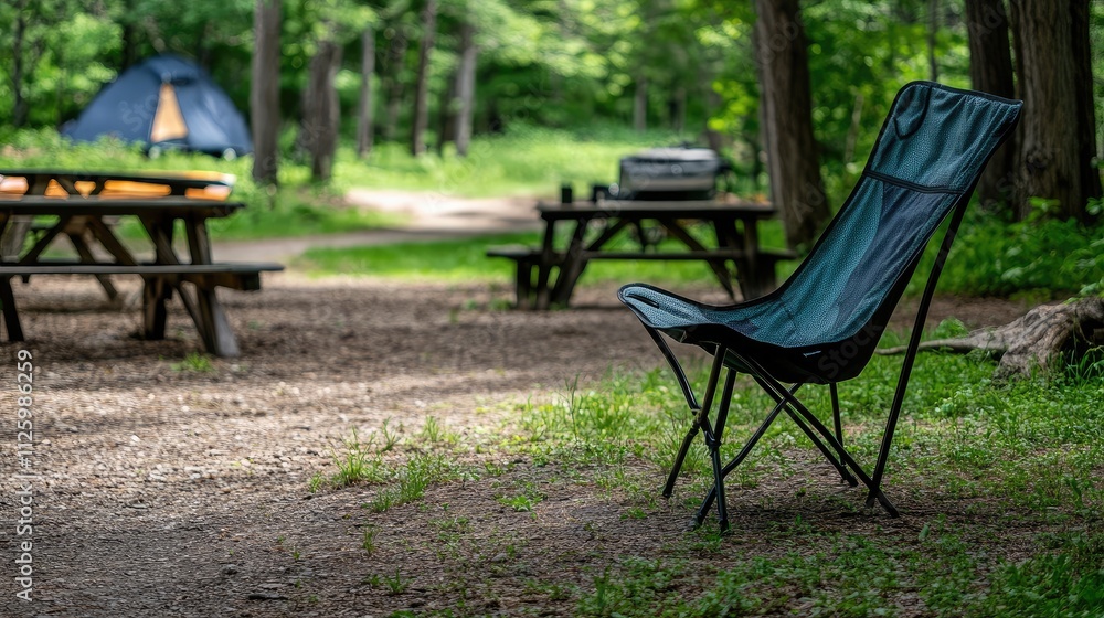 Peaceful Camping Scene Featuring a Single Chair in a Serene Green Environment Surrounded by Nature and a Tent Set in the Background Peaceful Camping Scene Featuring a Single Chair in a Serene Green Environment Surrounded by Nature and a Tent Set in the Background