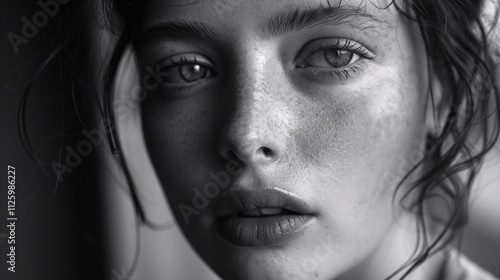 Striking black and white portrait of a thoughtful introspective woman with a captivating moody gaze
