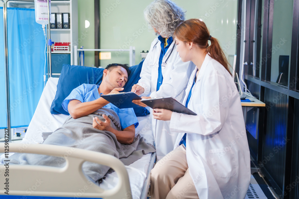 Two female doctors examine a patient lying on a hospital bed,discuss the medical chart,administer medicine,and provide encouragement, ensuring compassionate care and fostering the patient's recovery Two female doctors examine a patient lying on a hospital bed,discuss the medical chart,administer medicine,and provide encouragement, ensuring compassionate care and fostering the patient's recovery