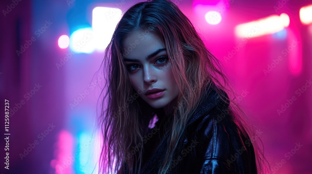 Woman with Long Hair Posing in Neon Lights Woman with Long Hair Posing in Neon Lights