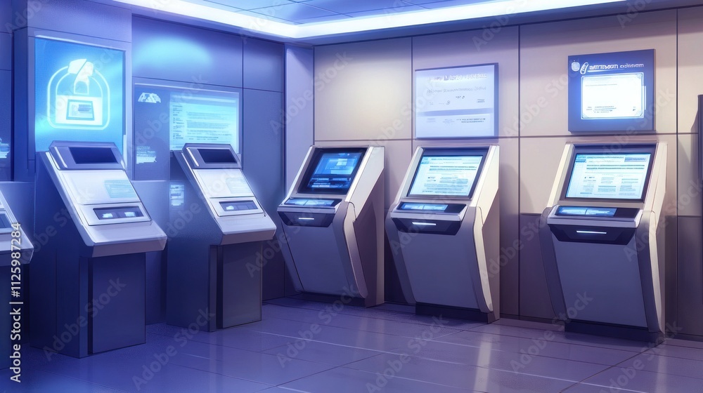 Futuristic Self Service Kiosks In A Modern Room Futuristic Self Service Kiosks In A Modern Room