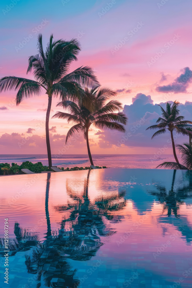 Obraz premium serene sunset over tranquil pool with palm trees