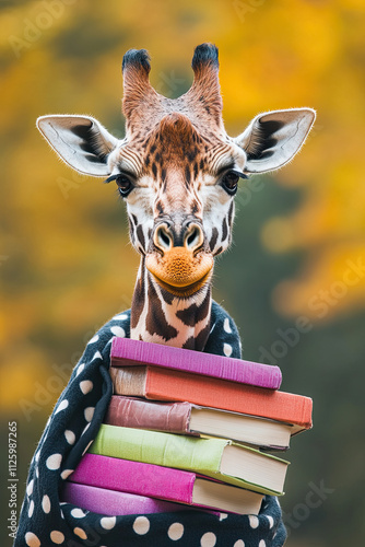 A giraffe wearing a polka-dot scarf, holding a stack of books with its long neck photo