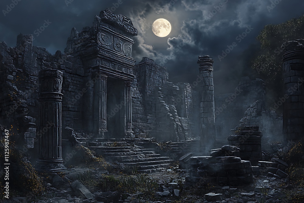 A haunting scene of ancient ruins illuminated by a full moon amidst a dark, cloudy sky. A haunting scene of ancient ruins illuminated by a full moon amidst a dark, cloudy sky.