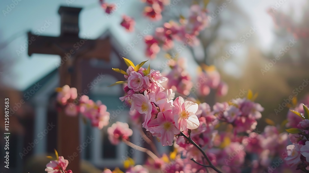 A church with a cross and blooming flowers for Easter Sunday A church with a cross and blooming flowers for Easter Sunday