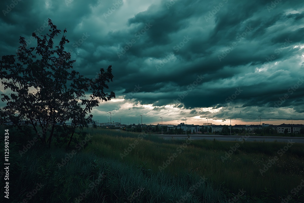 Fototapeta premium A dramatic sky filled with dark clouds over a grassy field and distant buildings at dusk.
