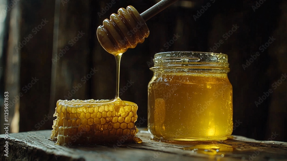 Golden Honeycomb accompanied by a Jar of allNatural Honey for delicious cooking and baking Golden Honeycomb accompanied by a Jar of allNatural Honey for delicious cooking and baking