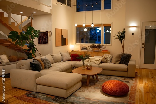 Cozy modern living room interior featuring a U-shaped sectional sofa, layered rugs, and soft lighting for a warm and inviting ambiance.