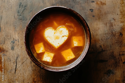 A bowl of miso soup with tofu cubes forming a heart shape photo