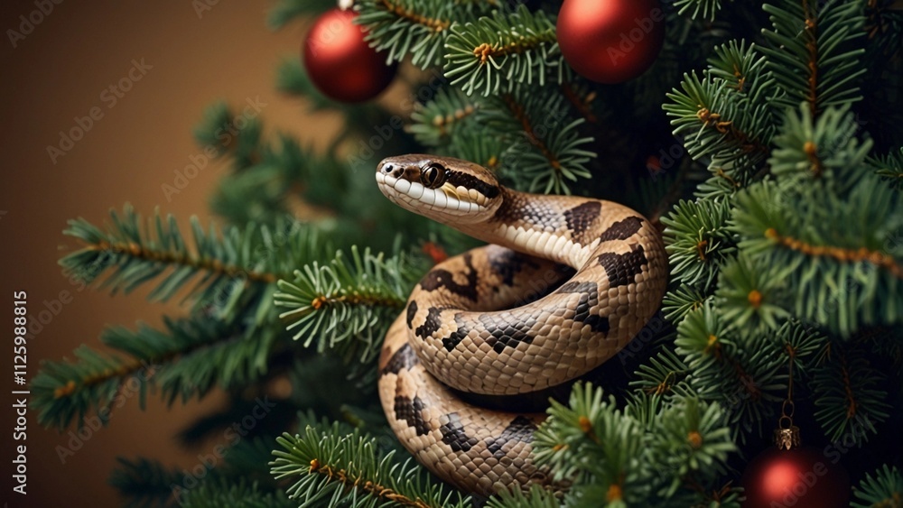 A realistic snake with a striking black and gold pattern is coiled gracefully on green moss beneath a Christmas tree. Golden and red ornaments hang from the branches, with wrapped gifts adding a festi A realistic snake with a striking black and gold pattern is coiled gracefully on green moss beneath a Christmas tree. Golden and red ornaments hang from the branches, with wrapped gifts adding a festi