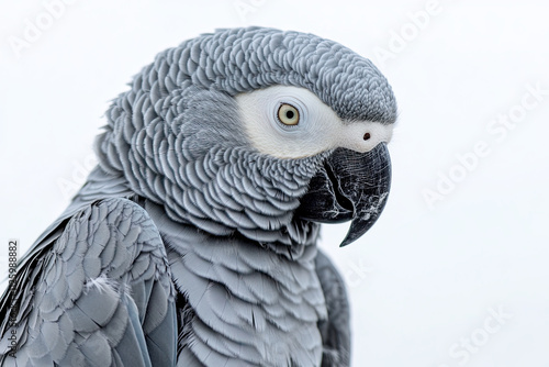 African grey parrot in a talking pose on a plain white background, ideal for pet themes photo