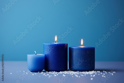 Blue candles glowing softly on blue background photo