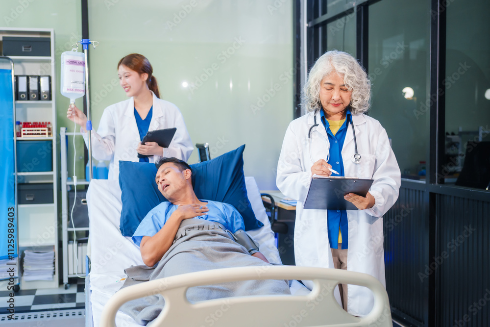 Two female doctors examine a patient lying on a hospital bed,discuss the medical chart,administer medicine,and provide encouragement, ensuring compassionate care and fostering the patient's recovery Two female doctors examine a patient lying on a hospital bed,discuss the medical chart,administer medicine,and provide encouragement, ensuring compassionate care and fostering the patient's recovery