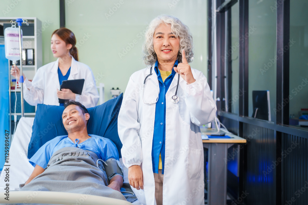 Two female doctors examine a patient lying on a hospital bed,discuss the medical chart,administer medicine,and provide encouragement, ensuring compassionate care and fostering the patient's recovery Two female doctors examine a patient lying on a hospital bed,discuss the medical chart,administer medicine,and provide encouragement, ensuring compassionate care and fostering the patient's recovery
