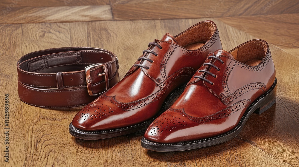 Elegant Brown Leather Dress Shoes and Matching Belt on a Wooden Floor, Showcasing Craftsmanship and Style for Professional or Formal Attire Elegant Brown Leather Dress Shoes and Matching Belt on a Wooden Floor, Showcasing Craftsmanship and Style for Professional or Formal Attire