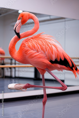 A flamingo standing on one leg, wearing ballet slippers and striking a pose photo