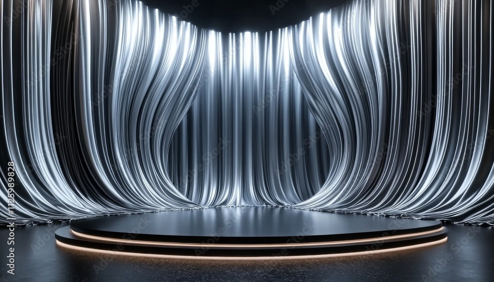 Silver black metalic ceremony award stage venue background. 3d stage background. Elegant venue concept.