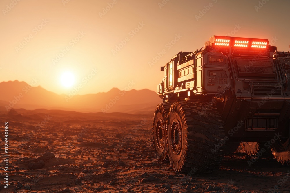 Fototapeta premium Asteroid mining concept. Futuristic vehicle parked in a desert landscape during sunset.