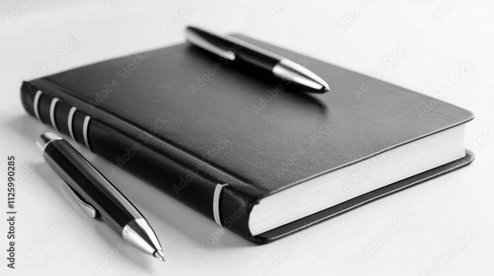 Elegant black notebook with blank pages accompanied by two sleek black pens, perfect for writing notes, ideas, and important reminders in a stylish manner. Elegant black notebook with blank pages accompanied by two sleek black pens, perfect for writing notes, ideas, and important reminders in a stylish manner.
