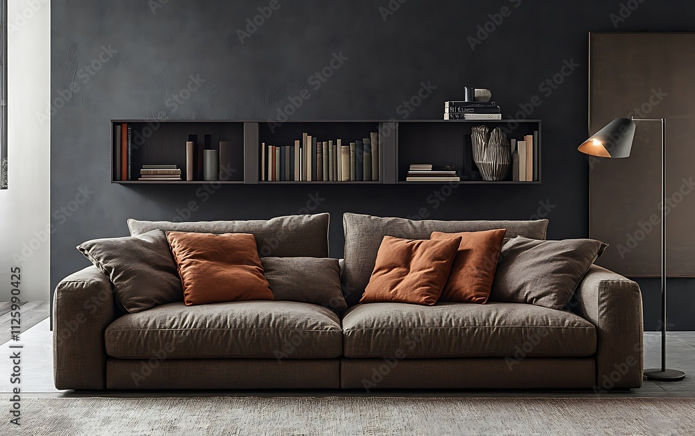 Modern living room with brown sofa, shelves, and lamp. Modern living room with brown sofa, shelves, and lamp.