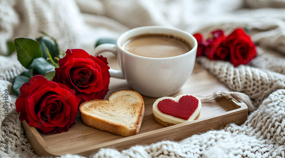 A cozy scene featuring a cup of coffee, heart-shaped cookies, and red roses on a knitted blanket, perfect for a romantic morning. A cozy scene featuring a cup of coffee, heart-shaped cookies, and red roses on a knitted blanket, perfect for a romantic morning.