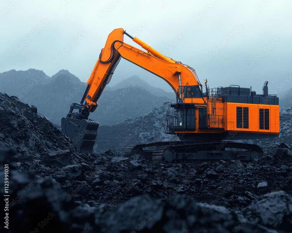 Asteroid mining concept. Excavator working in a mountainous landscape under a cloudy sky. Asteroid mining concept. Excavator working in a mountainous landscape under a cloudy sky.