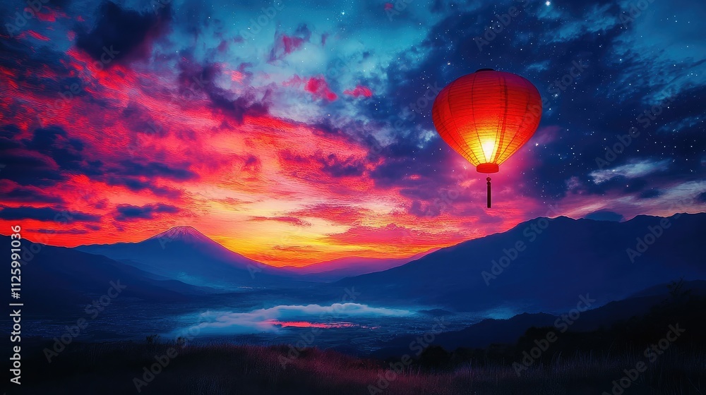 Fototapeta premium Breathtaking Sunset Over Mountain Landscape with Floating Lantern and Vibrant Colors Painting the Sky in a Tranquil Evening Setting