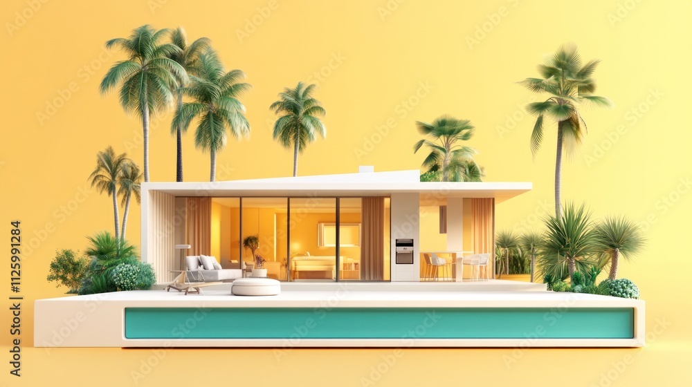 Fototapeta premium Modern Tropical House with Pool and Palm Trees