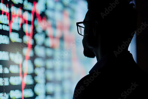 Silhouette of a businessman looking at digital stock charts on a large screen, symbolizing market analysis photo