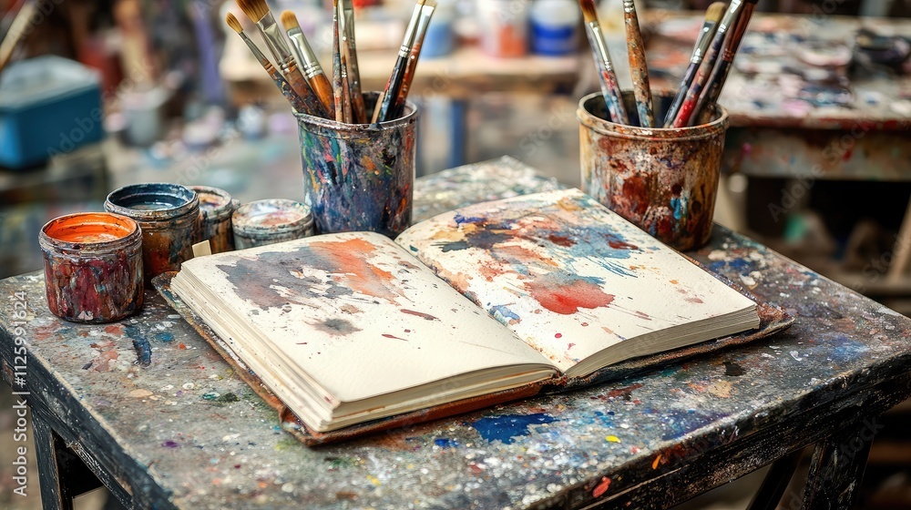 Artistic Workspace with Open Sketchbook Surrounded by Paintbrushes and Paint Containers in a Creative Studio Environment Artistic Workspace with Open Sketchbook Surrounded by Paintbrushes and Paint Containers in a Creative Studio Environment