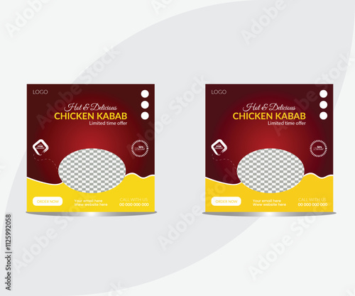 Food social media banner design template. Biryani Kebabs social media post vector illustration. Square size. Super delicious food menu social media post design template