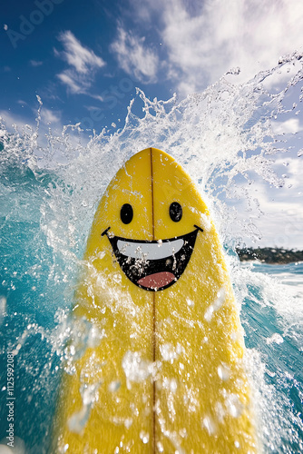 A surfboard riding a wave, with water splashing into a big smiling face photo