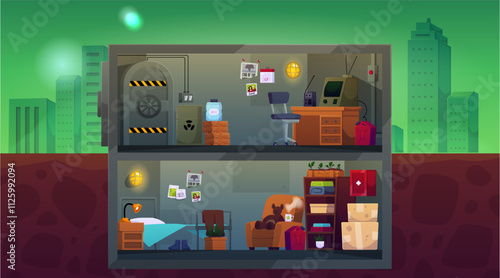 Underground bunker interior on lifeless cityscape in green smoke, vector cartoon hopper shelter rooms storage, bedroom