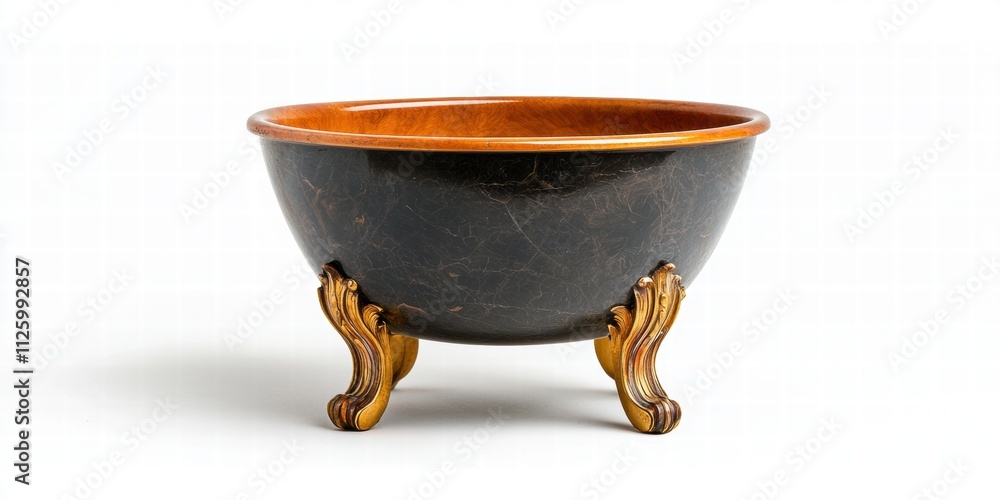 A traditional decorative bowl with a black exterior, a warm orange interior, and ornate wooden legs, perfect for display or serving. A traditional decorative bowl with a black exterior, a warm orange interior, and ornate wooden legs, perfect for display or serving.