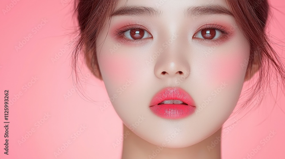 Fototapeta premium Beautiful Asian Woman Portrait Pink Background Makeup Skincare Cosmetics Face Closeup