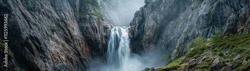 Majestic Waterfall Cascading Between Steep Rocky Cliffs