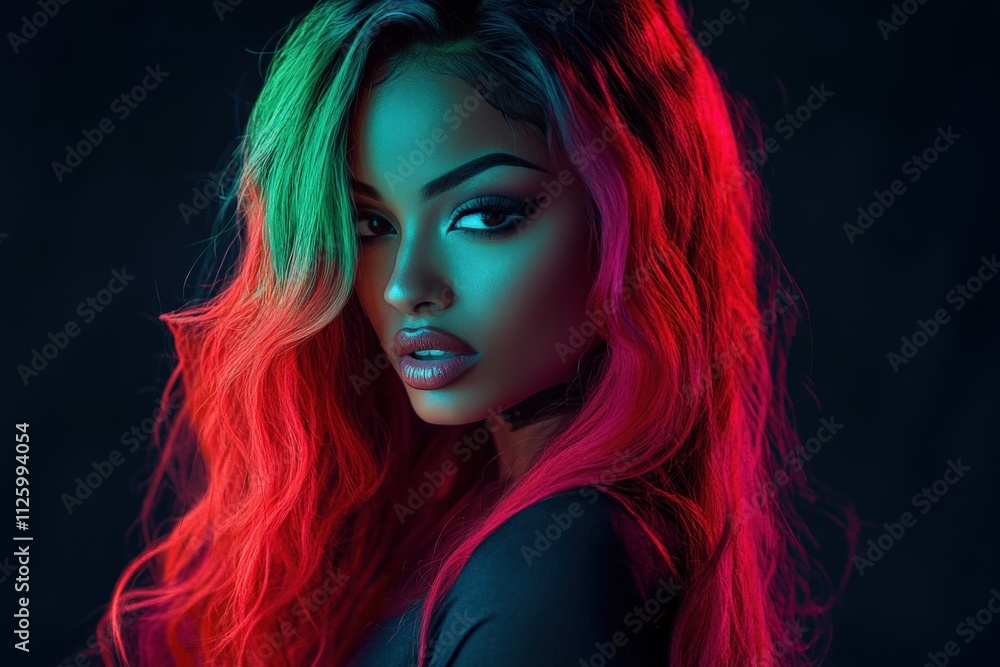 Naklejka premium vibrant portrait of a woman with colorful hair and striking makeup