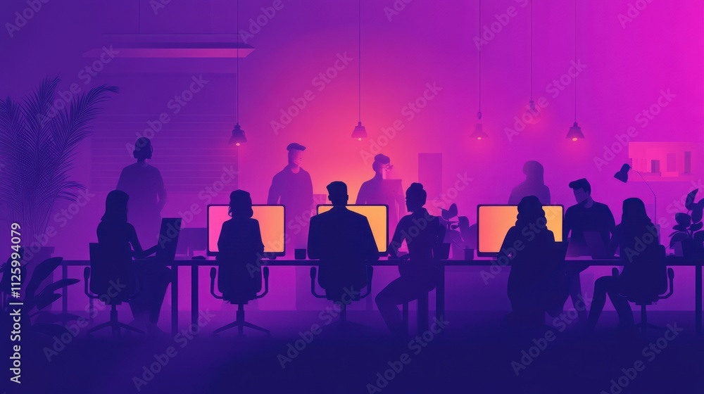 Silhouetted Team Working Late In Modern Office Space Silhouetted Team Working Late In Modern Office Space
