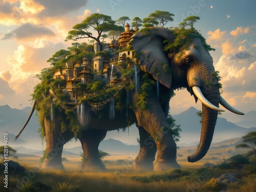 Giant Ancient African Elephant with City on Its Back in a Magical Savannah