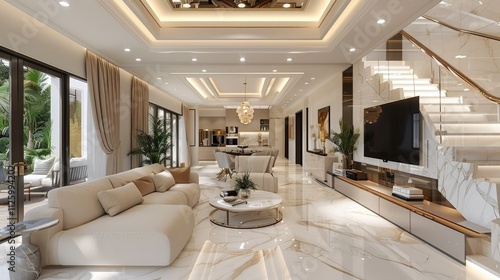 Wallpaper Mural Luxurious modern living room with beige sofa, marble floor, and glass staircase. Torontodigital.ca