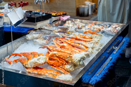 Photography Steamed king crab legs at seafood market in Osaka Japan.