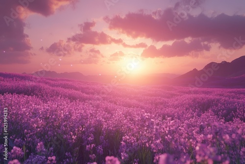 Sunset over purple flower field; magical scene. Perfect for websites, blogs, or social media; evokes serenity and peace.