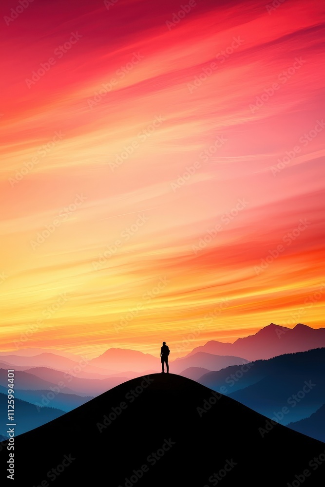 A person stands on a mountain top at sunset A person stands on a mountain top at sunset