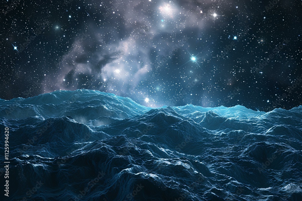 A large body of water next to a star filled sky A large body of water next to a star filled sky